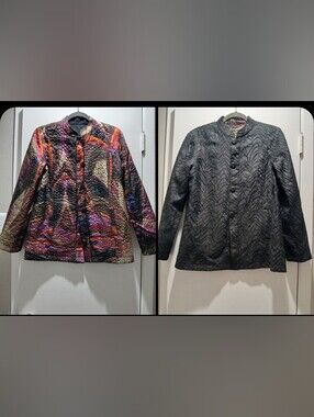 Chico's Reversible Quilted Jacket - Black & Multicolor Abstract